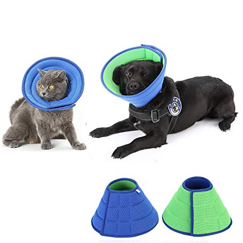 HanryDong Suave Verde Malla Transpirable E-Collar, Ajustable, Azul, Bordes, Mascotas Curación, Collares y Conos Recuperación Caninos Cuello Isabelino, Anticomprasante/Lick para Gato, Perro, Conejo