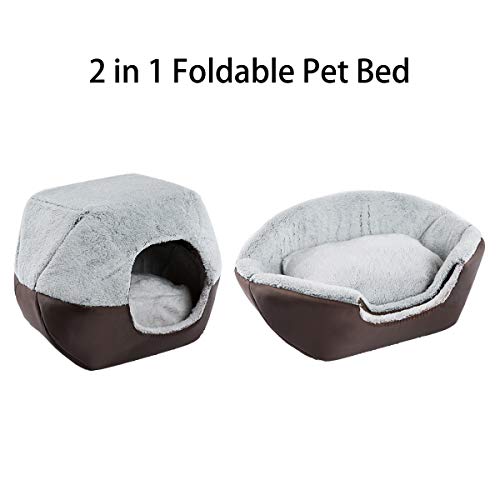 Hollypet Terciopelo de Cristal Auto-Calentamiento 2-in-1 Cueva Plegable Casa Forma Nido Cama para Mascotas para Gatos y Perros pequeños Adecuado para Interiores o Exteriores