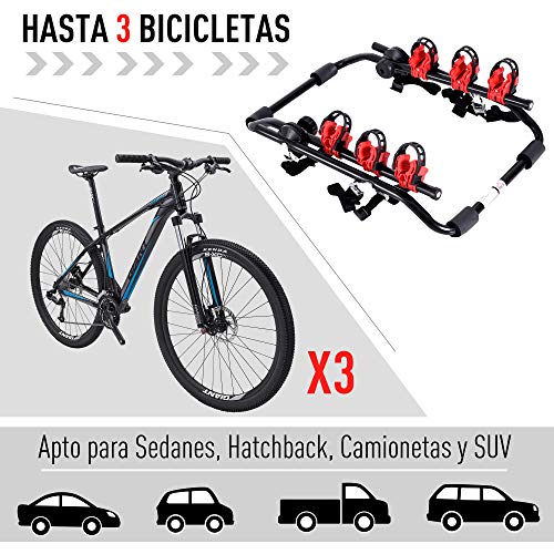 HOMCOM Portabicicletas Trasero Portón Plegable con Correas hasta 3 Bicis Soporte de Bici Universal Carga 40kg 68x52x60cm Acero y Aluminio