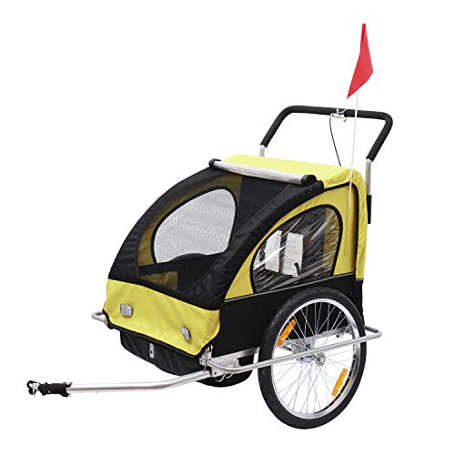 HOMCOM Remolque para Niños DOS PLAZAS con Amortiguadores Carro para Bicicleta CON BARRA INCLUIDA y Kit de Footing COLOR AMARILLO Y NEGRO