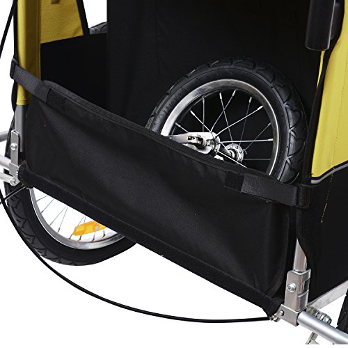 HOMCOM Remolque para Niños DOS PLAZAS con Amortiguadores Carro para Bicicleta CON BARRA INCLUIDA y Kit de Footing COLOR AMARILLO Y NEGRO