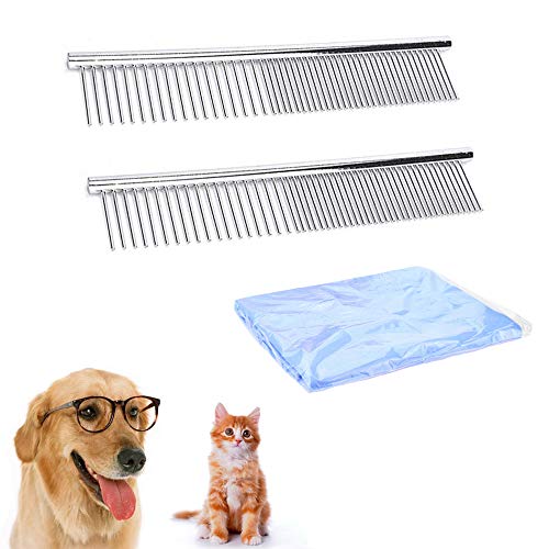 Huture 2 Pack Peine Desenredante para Mascotas Peine de Acero Inoxidable Aseo Perro Deshedding Gato Elimina Lágrima de Nudos Enredados Acabado Caniche Mantequilla DIY Slicker Autolimpiante+1 Toalla