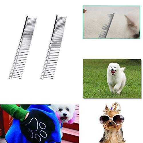 Huture 2 Pack Peine Desenredante para Mascotas Peine de Acero Inoxidable Aseo Perro Deshedding Gato Elimina Lágrima de Nudos Enredados Acabado Caniche Mantequilla DIY Slicker Autolimpiante+1 Toalla