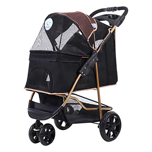 HYMY Carrito De Viaje Plegable para Mascotas, Cochecito De Perro, Carrito para Perros Jogger De Tres Ruedas - con Cesta De Almacenamiento, Portavasos (Carga Máxima 20 Kg),Gold