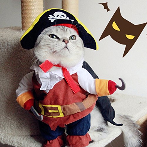 Idepet Pirata del Caribe Disfraz de Gato Funny Dog Ropa para Mascotas Traje Corsair Viste a la Fiesta Ropa de Fiesta para Perros Gato Plus Sombrero (S)