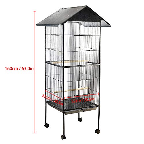 IKAYAA Jaula de Metal para Pájaro Negro Mascotas 52 * 52 * 160 cm / 20.5 * 20.5 * 63.0in, Cantidad 1 PC con 4 comederos, 1 bandejas, 4 Ruedas