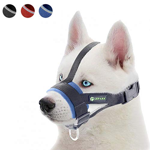 ILEPARK Bozal Suave para Perros Nylon Grandes Pequeños Medianos, Previene Mordidas, Ladridos y Que Mastiquen, Bozal Lazo Ajustable(M,Azul)