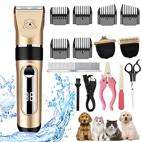 JICYU Cortapelos Perros Gatos Profesional,IPX7 Impermeable Todo el Cuerpo Lavable con 6 Peines Guía,Set Maquina Cortar Pelo Perros Mascota de Silencioso Inalámbrico Recargable,4 Horas Uso Continuo