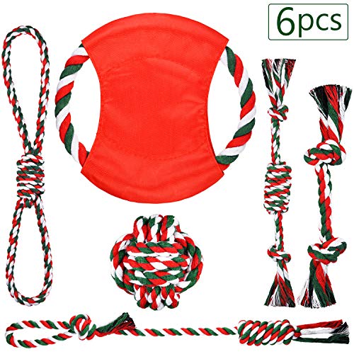 Juguetes de Nudo de Cuerda de Perro de Navidad Juguetes de Masticar Algodón Kit de Juguetes de Cuerda de Hueso de Perro para Dentición del Perrito, Razas Grandes y Juego de Tira y Afloja, 6 Piezas