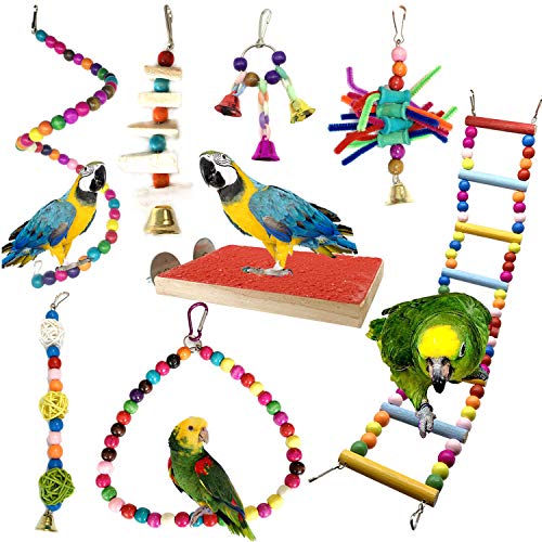 Juguetes para Pájaros, PietyPet 8 Piezas Perchas Pájaros Juguetes con Campanas, Escalera de madera, Columpios, Hamaca de Madera, Que cuelga la Perca Juguete para pequeños y medianos loros de aves