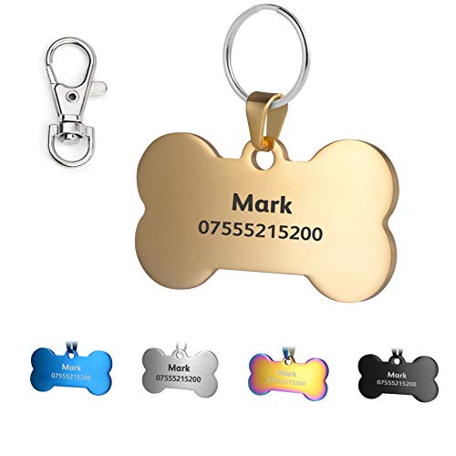 KSZ Etiquetas de identificación para Mascotas de Acero Inoxidable, Etiquetas Personalizadas para Perros y Gatos. Grabado Frontal y Trasero. Múltiples Colores (Dorado, Hueso)