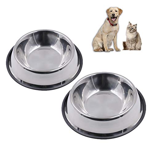 Kuiji - 2 Cuencos Antideslizantes para Comida y Agua para Perro y Gato de Acero Inoxidable con Base de Goma