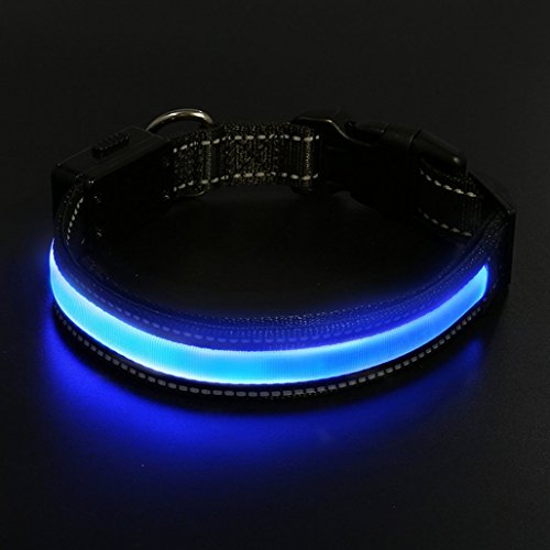 LaiXin Collar de Perro LED, Collar de Cuello de Nylon Flexible y Ajustable para Perros, USB y Solar Recargable Reflectante Impermeable Dog Collar para Medio Perros, Azul, M