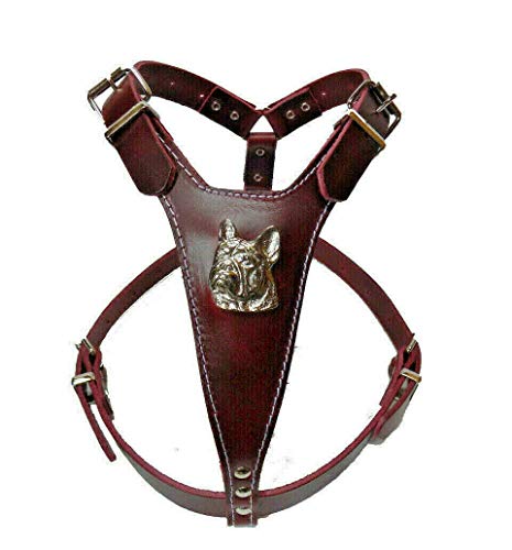 Leather Dog Harness Arnés de Piel para Perro, diseño de Cabeza de Bulldog francés, Color Cereza