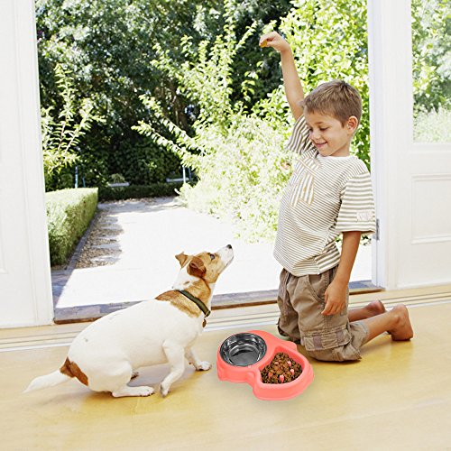 LIFEZONNY Cuenco Doble del Acero Inoxidable del Perro, Envase de Agua Interactivo Alimento para el Gato Pequeño Mediano Grande del Perro Casero - Rosado