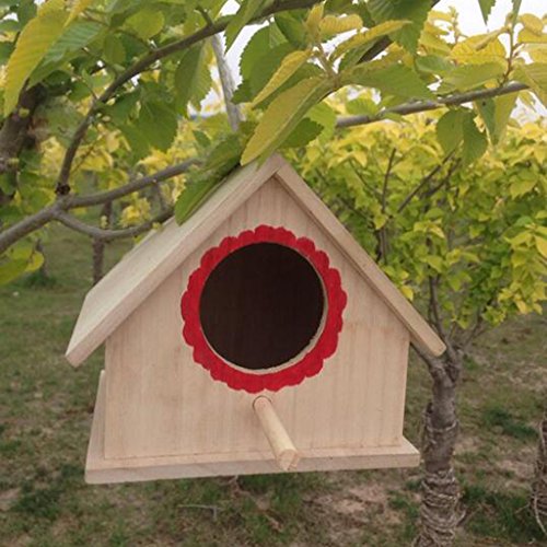 LOVIVER Casa de Pájaros Pajarera Nido Casa de Aves de Madera Natural con Cuerda Decorativa para Jardin en Invierno - 20x 23x 18cm