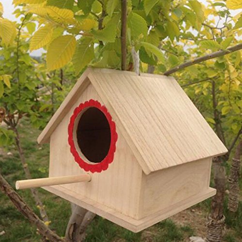 LOVIVER Casa de Pájaros Pajarera Nido Casa de Aves de Madera Natural con Cuerda Decorativa para Jardin en Invierno - 20x 23x 18cm