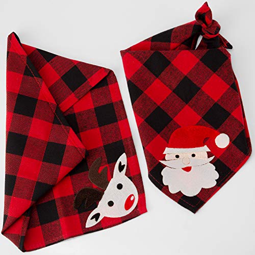 LUTER 2 Piezas Bandana Perro de Navidad, pañuelo Perro a Cuadros Rojos con patrón de Papá Noel y Alces, Baberos de algodón con triángulo, Bufandas, Cachorros