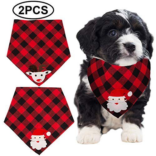 LUTER 2 Piezas Bandana Perro de Navidad, pañuelo Perro a Cuadros Rojos con patrón de Papá Noel y Alces, Baberos de algodón con triángulo, Bufandas, Cachorros