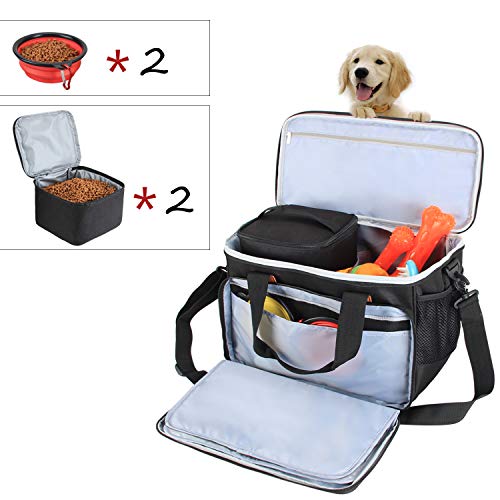 Luxja Bolsa de Viaje para Perros (Contiene 2 Bolsa para Comida de Perro, 2 Recipiente para Perros y 1 Estera de Alimentación), Negro