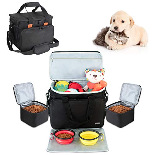 Luxja Bolsa de Viaje para Perros (Contiene 2 Bolsa para Comida de Perro, 2 Recipiente para Perros y 1 Estera de Alimentación), Negro