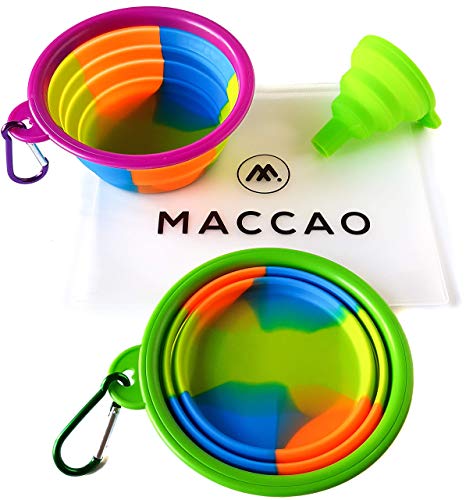 MACCAO – Juego de 2 comederos de Viaje para Perros, de Silicona, Plegables, para Perros y Gatos, Ideal para Viajes, comedero, Bebedero de Agua, Plegable, Bolsa para Llevar + Embudo para Ahorrar Agua