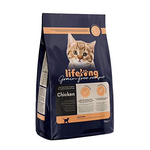 Marca Amazon Lifelong Alimento seco para gatitos con pollo fresco, receta sin cereales - 3kg