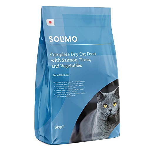 Marca Amazon - Solimo - Alimento seco completo para gatos adultos con salmón, atún y verduras, 3 Packs de 3kg