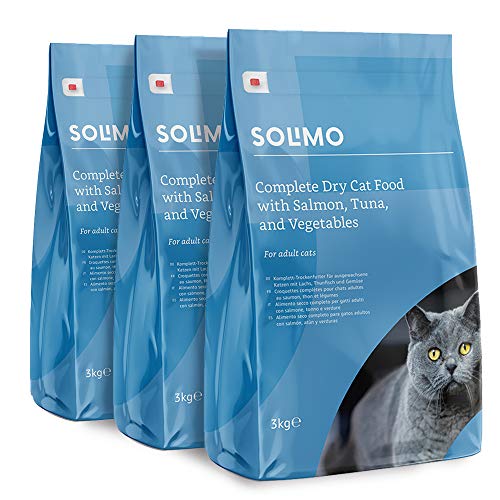 Marca Amazon - Solimo - Alimento seco completo para gatos adultos con salmón, atún y verduras, 3 Packs de 3kg