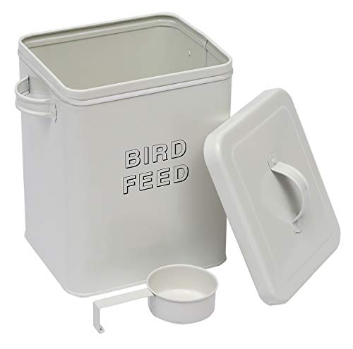 Morezi Bird - Molde para Semillas y piensos con Tapa de Cierre y Cuchara incluida, Acero al Carbono Recubierto de Color Blanco, latas de Almacenamiento