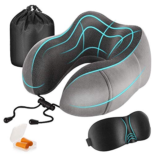 Newdora Almohada de Viaje Viscoelástica de Espuma de Memoria, Almohada de Cuello, Almohadas de Acampada, Almohada Ortopédica Cervica, Soporte de Cuello, con Máscara de Ojos y Tapones, Gris Oscuro