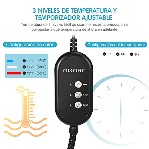 OMORC Manta Eléctrica para Gatos Interior, 2 Covers, Almohadilla Térmica Mascotas conTermostato, 12V Baja Tensión, 3 Temperaturas y Temporizadores Ajustables 45-50-55° Anti-Mordida Más Seguro