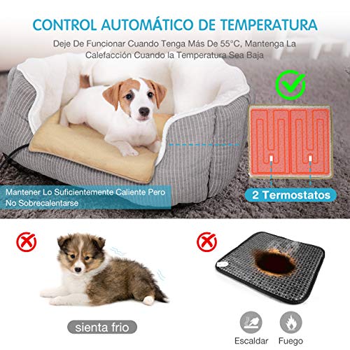 OMORC Manta Eléctrica para Gatos Interior, 2 Covers, Almohadilla Térmica Mascotas conTermostato, 12V Baja Tensión, 3 Temperaturas y Temporizadores Ajustables 45-50-55° Anti-Mordida Más Seguro