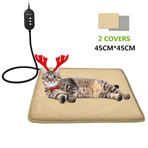 OMORC Manta Eléctrica para Gatos Interior, 2 Covers, Almohadilla Térmica Mascotas conTermostato, 12V Baja Tensión, 3 Temperaturas y Temporizadores Ajustables 45-50-55° Anti-Mordida Más Seguro