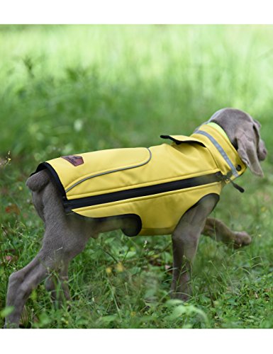 PALMFOX Impermeable Perro Abrigos Ripstop poliéster Respirable Malla Forro Duradera Lado Cremallera y Protector del Pecho, Chalecos Reflectantes del Perro de Borde Amarillo XL