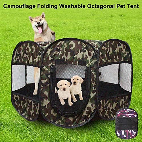 Parque Infantil portátil Plegable para Mascotas | Camuflaje Lavable Octogonal Tienda de Mascotas Perrera | Uso Interior/Exterior | Resistente al Agua | Funda de Sombra extraíble | Tamaño Mediano