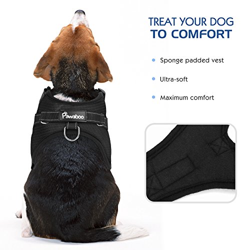 Pawaboo Chaleco Arnés de Perro - Adjustable/Duarable Tarea Pesada Suave Reflejo Acolchado Dog Vest Harness con Manija en Top para Pet Dog Ejercicio de Caminar, Talla Mediana, Negro