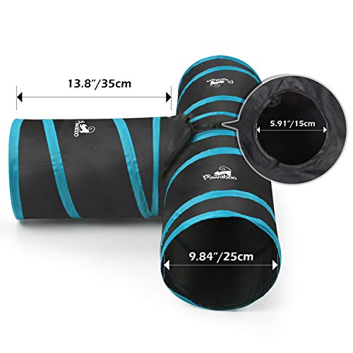 Pawaboo Túnel para Gatos, Prima 3 Vías Túneles Extensible Plegable Gato Jugar Túnel Casa del Laberinto del Juguete con Pompón y Campanas para Gato Gatito Cachorro Conejo, Negro y Azul