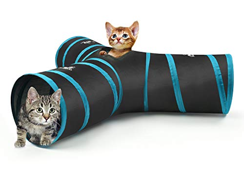 Pawaboo Túnel para Gatos, Prima 3 Vías Túneles Extensible Plegable Gato Jugar Túnel Casa del Laberinto del Juguete con Pompón y Campanas para Gato Gatito Cachorro Conejo, Negro y Azul