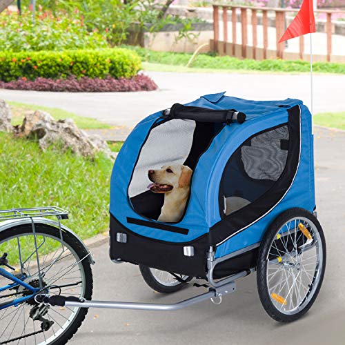 PawHut Remolque Bicicleta Perros Mascota 1 Bandera 6 Reflectores Remolque Bici Azul Negro