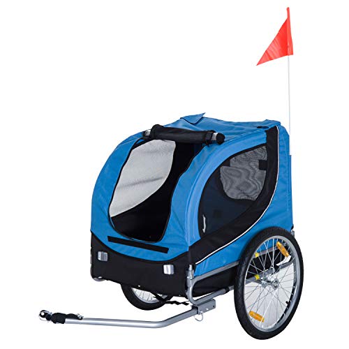 PawHut Remolque Bicicleta Perros Mascota 1 Bandera 6 Reflectores Remolque Bici Azul Negro