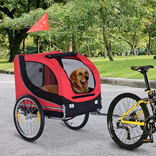 PawHut Remolque Bicicleta Perros Mascota 1 Bandera 6 Reflectores Remolque Bici Rojo Negro