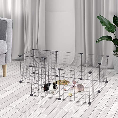 PawHut Valla Metálica para Mascotas con 12 Paneles Parque Metálica para Animales Pequeños Desmontable Diseño DIY Negro 106x73x36cm