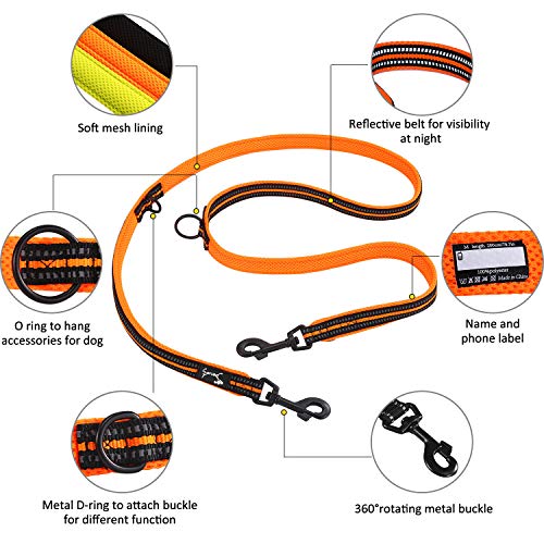 Petcomer Correa para Perros Ajustable 7 en 1 Multifunción Cuerda Nylon Reflectante Doble Correa para Correr Entrenamiento(M Naranja)