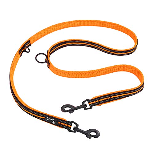 Petcomer Correa para Perros Ajustable 7 en 1 Multifunción Cuerda Nylon Reflectante Doble Correa para Correr Entrenamiento(M Naranja)