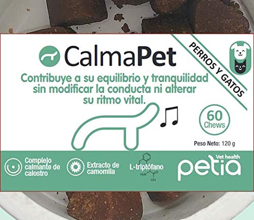 Petia Vet Health Calmapet. Perros y Gatos. (Complejo calmante de Calostro, extracto de camomila, L- triptófano, Magnesio, Vitamina B1) 60 Chews. Sabor a Pato