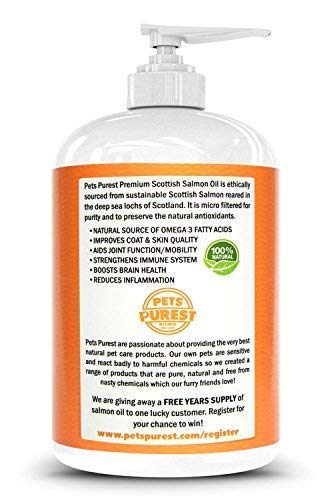 Pets Purest 100% Natural Premium Aceite de Salmón Escocés. Suplemento BARF Omega 3 6 y 9 Para Perros, Gatos, Caballos, Hurones y Mascotas. Promueve la Salud del Piel, las Articulaciones y el Cerebro