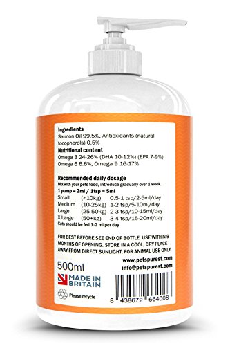 Pets Purest 100% Natural Premium Aceite de Salmón Escocés. Suplemento BARF Omega 3 6 y 9 Para Perros, Gatos, Caballos, Hurones y Mascotas. Promueve la Salud del Piel, las Articulaciones y el Cerebro