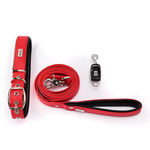 PetTec Juego de Collar en Trioflex, Correa de 2 m + Quick Connector; Enlace Magnético para Abrir y Cerrar el Gancho de la Correa en 1 Segundo, para Perros de hasta 40 kg, Tamaño S (30-40cm), Rojo