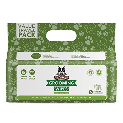 Pogi's Grooming Wipes Paquete de Viaje - 120 toallitas desodorantes para Perros - Aroma de té Verde, Naturales, Extra Grandes, Biodegradable